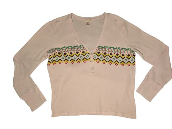 Victoria's Secret Tops - Victoria's Secret Women's XL Embroidered Henley Top Pink Waffle Knit Thermal